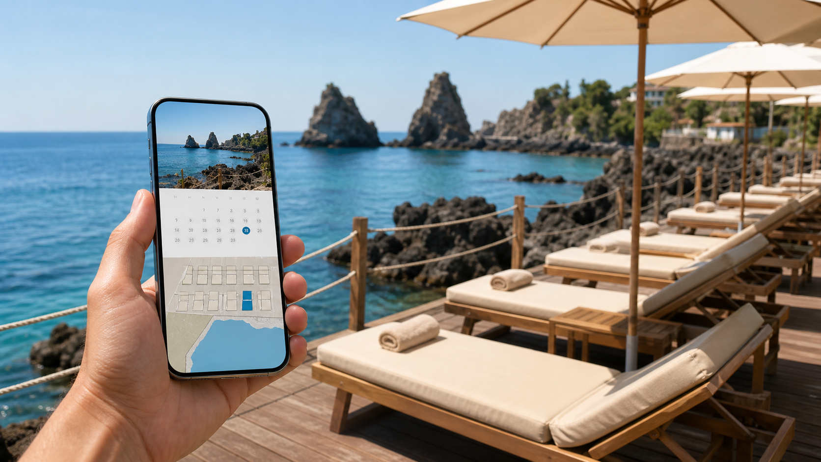 La mappa dei lettini del lido Il Faro aperta sul telefono, con il lido e i faraglioni sullo sfondo